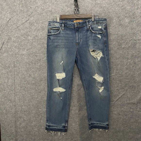 Joe's Crop Jeans Sz 32 Blue Distressed Raw Hem Billie Boyfriend Slim - SIZE NOTE - Picture 1 of 10
